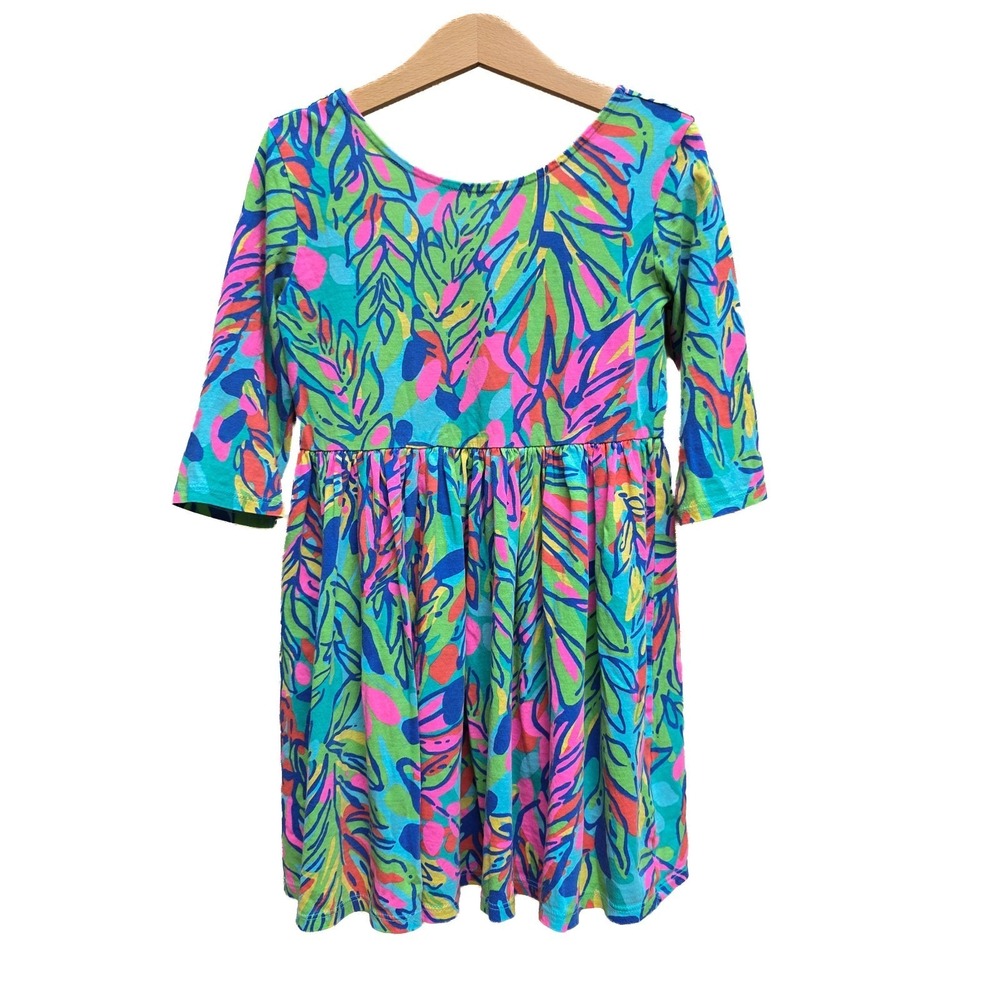 Lilly Pulitzer Girls Tropical Dress Size‎ 6 7 Pink Green Cotton Bow Back